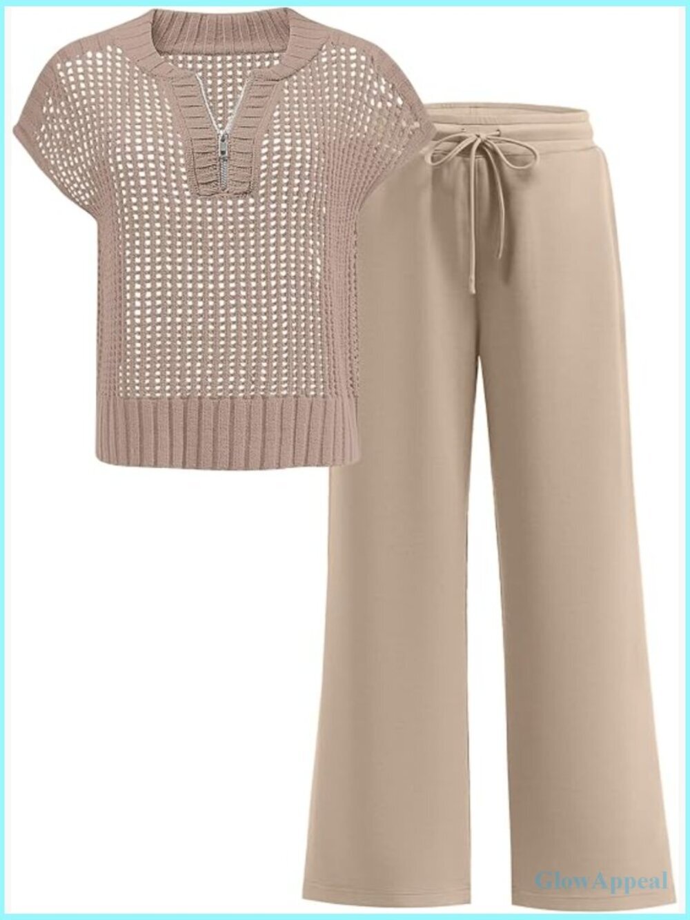Womens 2 Piece Crochet Knit Half Zip Sweater Top Wide Leg Pants Lounge Matching